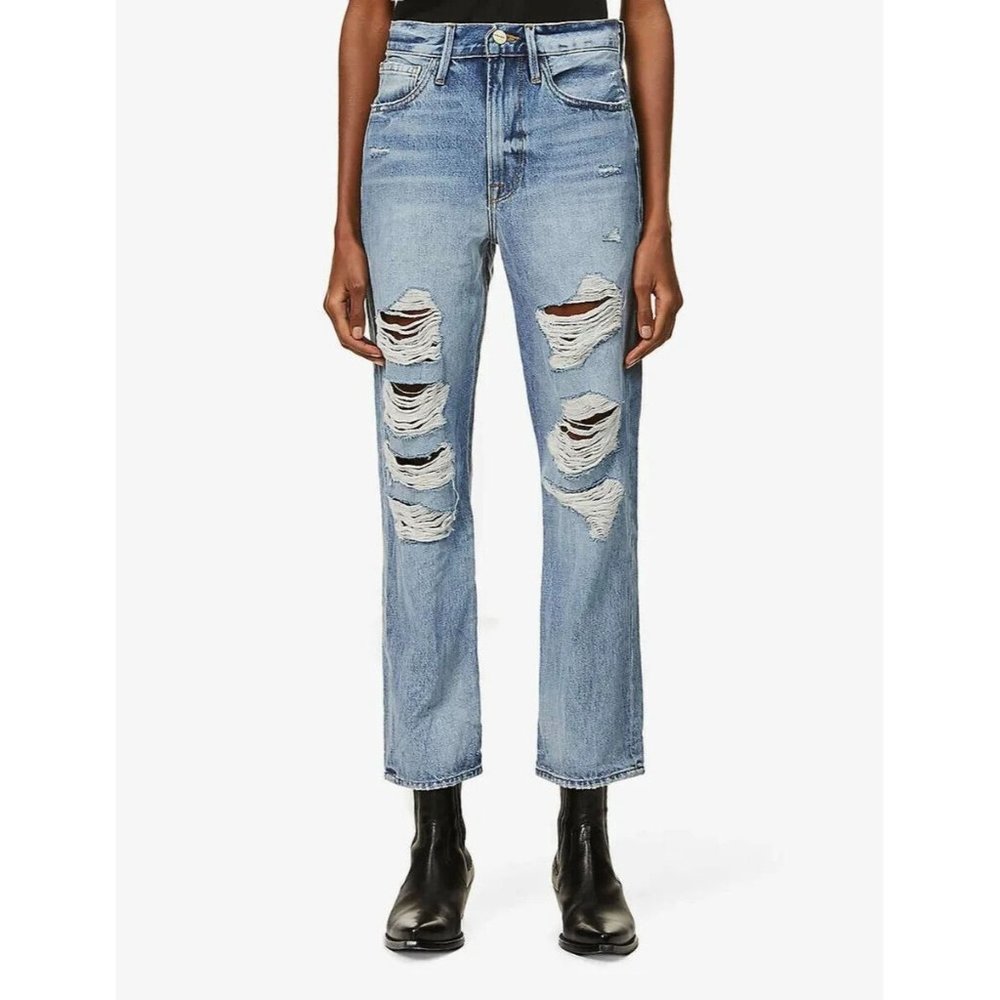 Frame Jeans Le Piper Ellington Rips Blue Distressed High Rise Denim